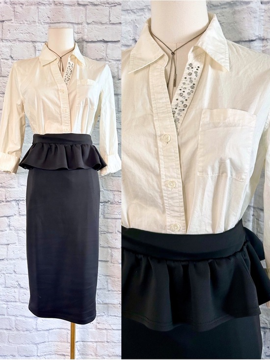 Dresses & Skirts - 2 Piece Styled Outfit White Blouse w Gems Collar Black Peplum Pencil Midi Skirt